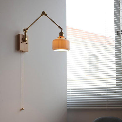 Japanese Round Wood Copper Ceramic 1-Light Wall Sconce Lamp