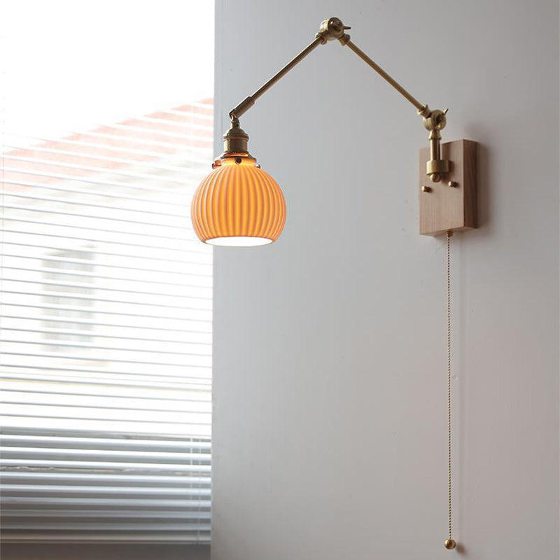 Japanese Round Wood Copper Ceramic 1-Light Wall Sconce Lamp