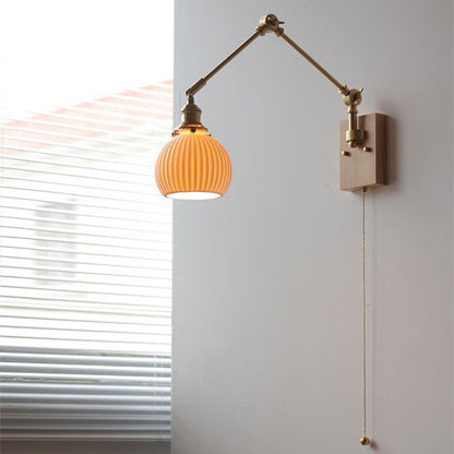 Japanese Round Wood Copper Ceramic 1-Light Wall Sconce Lamp