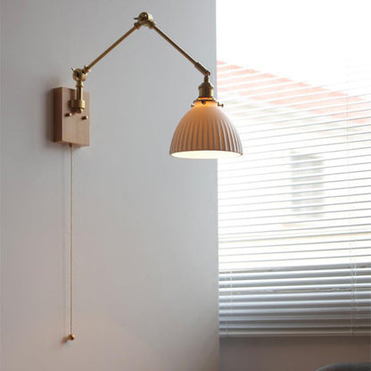 Japanese Round Wood Copper Ceramic 1-Light Wall Sconce Lamp