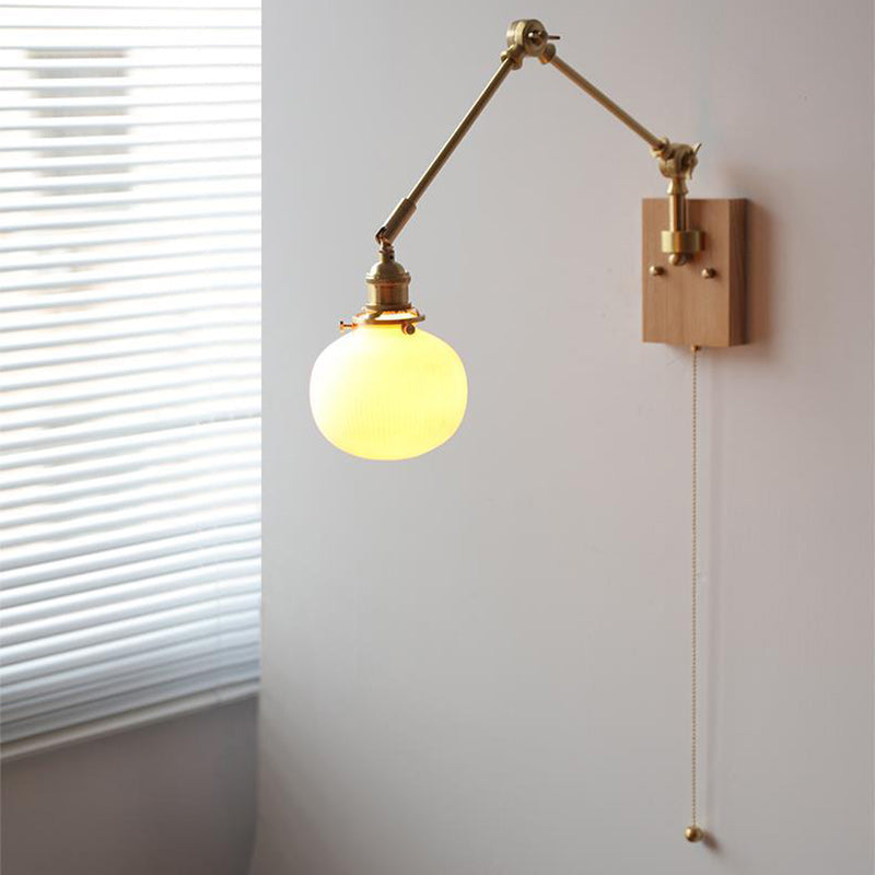 Japanese Round Wood Copper Ceramic 1-Light Wall Sconce Lamp