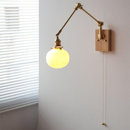 Japanese Round Wood Copper Ceramic 1-Light Wall Sconce Lamp