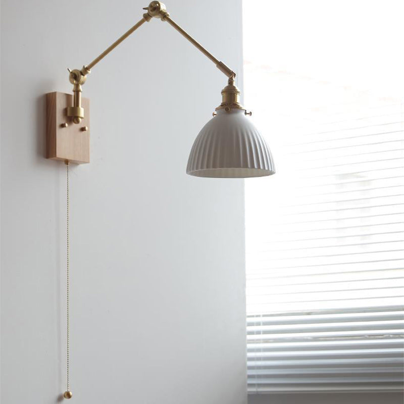 Japanese Round Wood Copper Ceramic 1-Light Wall Sconce Lamp