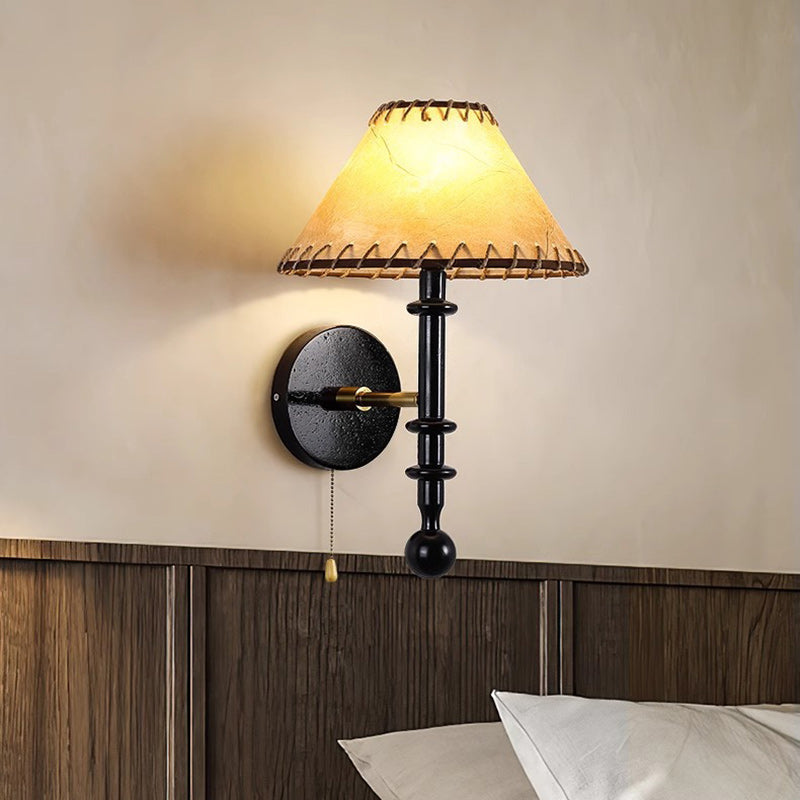 Retro Drum Iron Wood Fabric 1-Light Wall Sconce Lamp