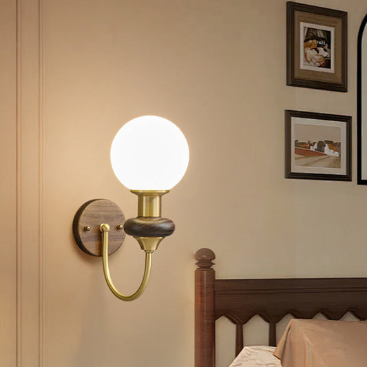 French Globe Copper Wood Glass 1-Light Wall Sconce Lamp