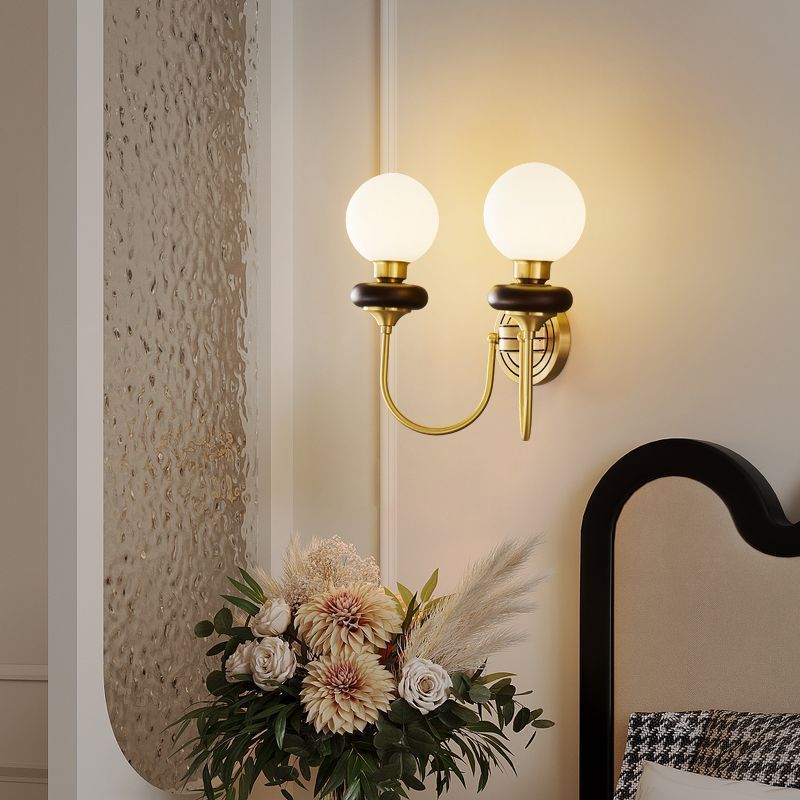 French Globe Copper Wood Glass 1/2-Light Wall Sconce Lamp