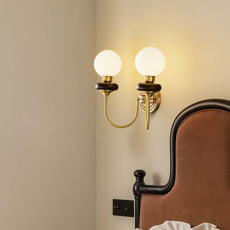 French Globe Copper Wood Glass 1/2-Light Wall Sconce Lamp