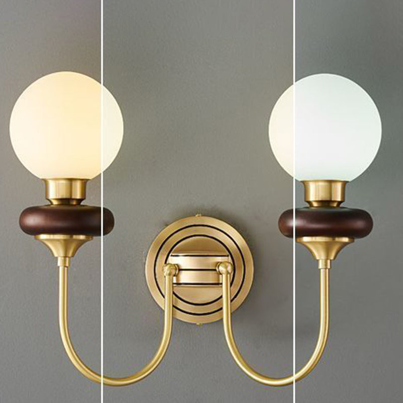 French Globe Copper Wood Glass 1/2-Light Wall Sconce Lamp