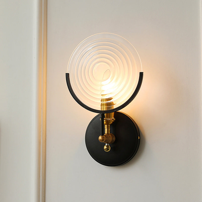 French Round Iron Glass 1-Light Wall Sconce Lamp