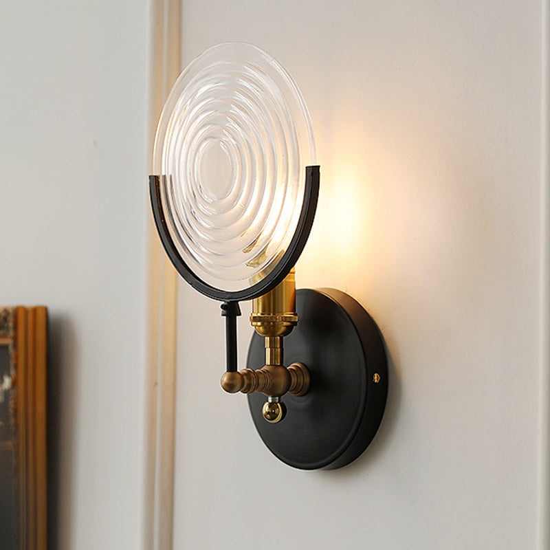 French Round Iron Glass 1-Light Wall Sconce Lamp