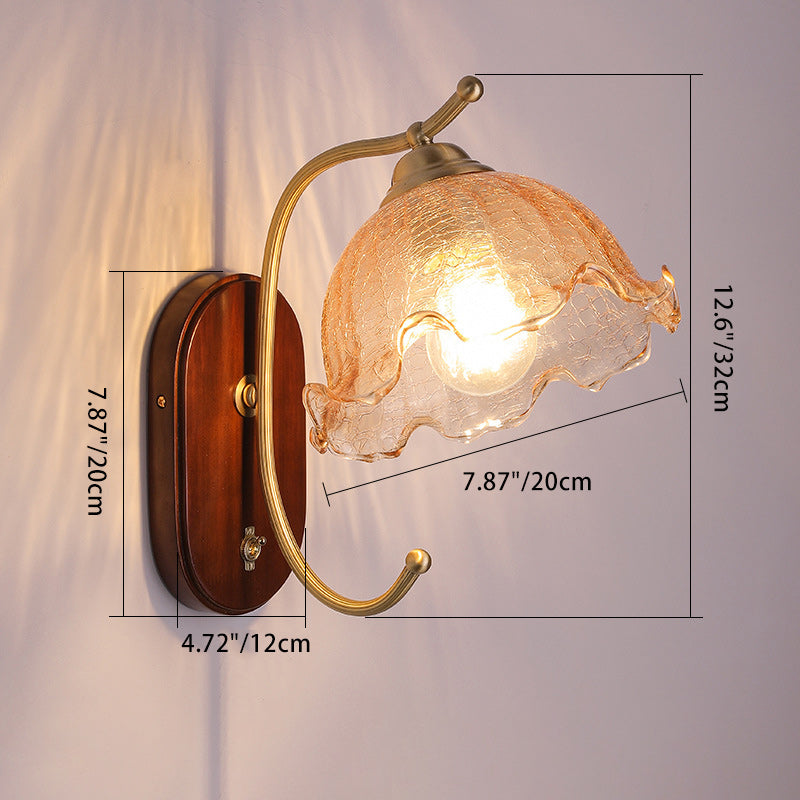 French Dome Wood Copper Glass 1-Light Wall Sconce Lamp