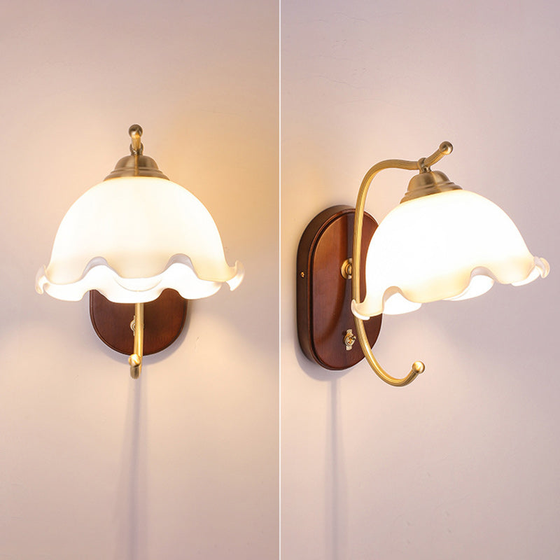 French Dome Wood Copper Glass 1-Light Wall Sconce Lamp