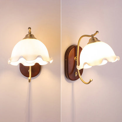 French Dome Wood Copper Glass 1-Light Wall Sconce Lamp