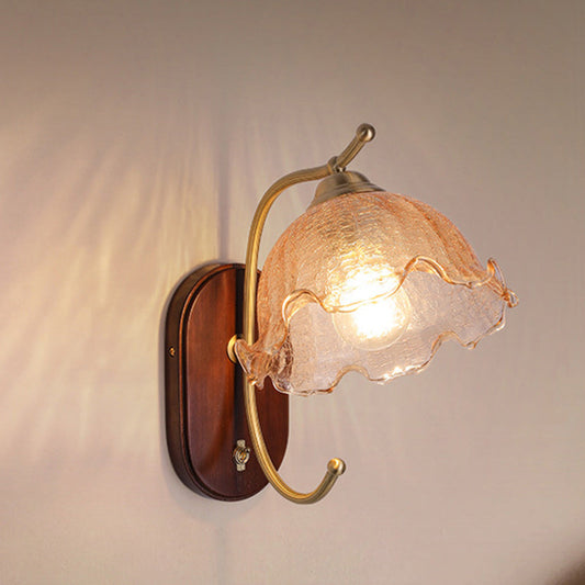French Dome Wood Copper Glass 1-Light Wall Sconce Lamp