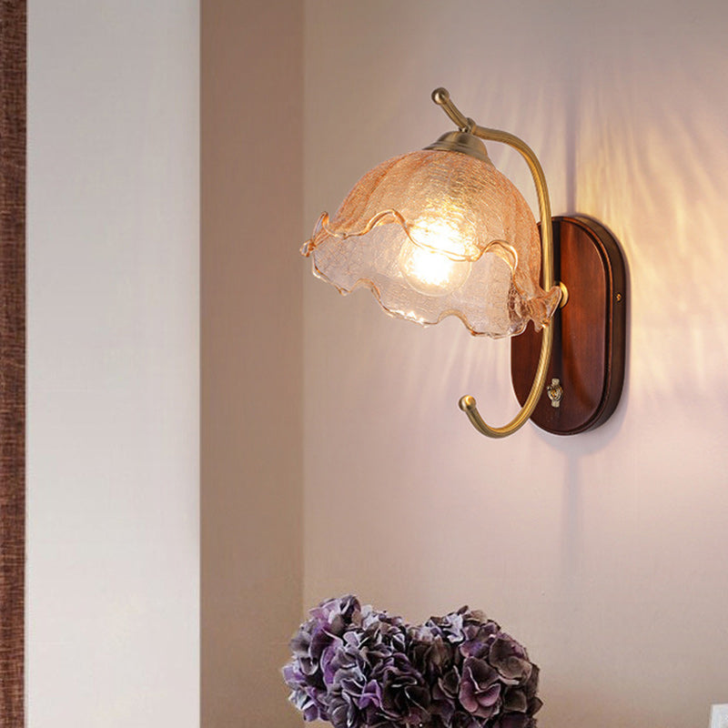 French Dome Wood Copper Glass 1-Light Wall Sconce Lamp