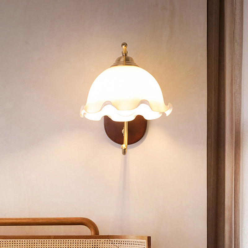 French Dome Wood Copper Glass 1-Light Wall Sconce Lamp