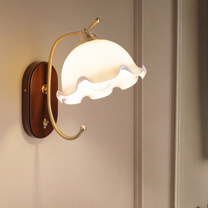 French Dome Wood Copper Glass 1-Light Wall Sconce Lamp