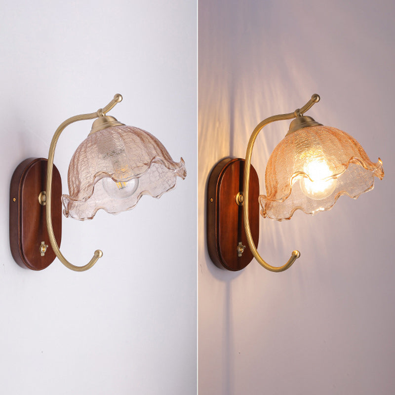 French Dome Wood Copper Glass 1-Light Wall Sconce Lamp