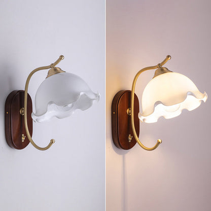 French Dome Wood Copper Glass 1-Light Wall Sconce Lamp