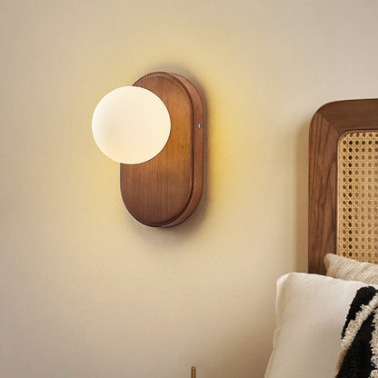 Modern Minimalist Oval Wood Glass 1-Light Wall Sconce Lamp