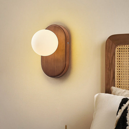 Modern Minimalist Oval Wood Glass 1-Light Wall Sconce Lamp