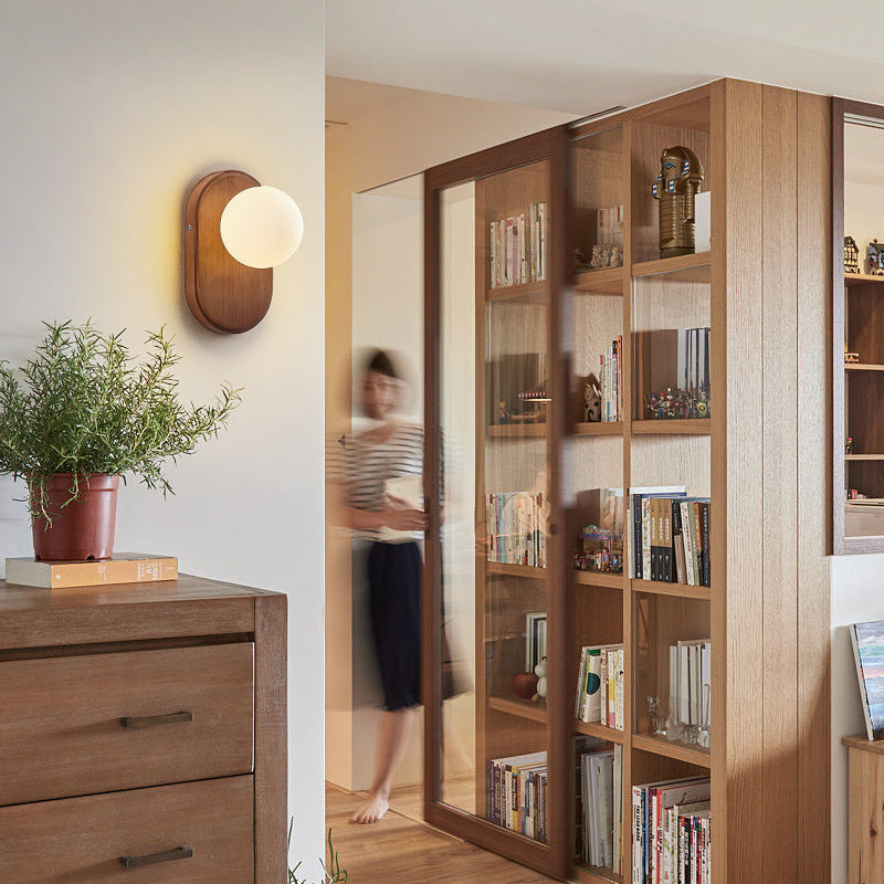 Modern Minimalist Oval Wood Glass 1-Light Wall Sconce Lamp