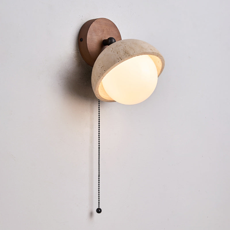 Japanese Globe Wood Stone Glass 1-Light Wall Sconce Lamp