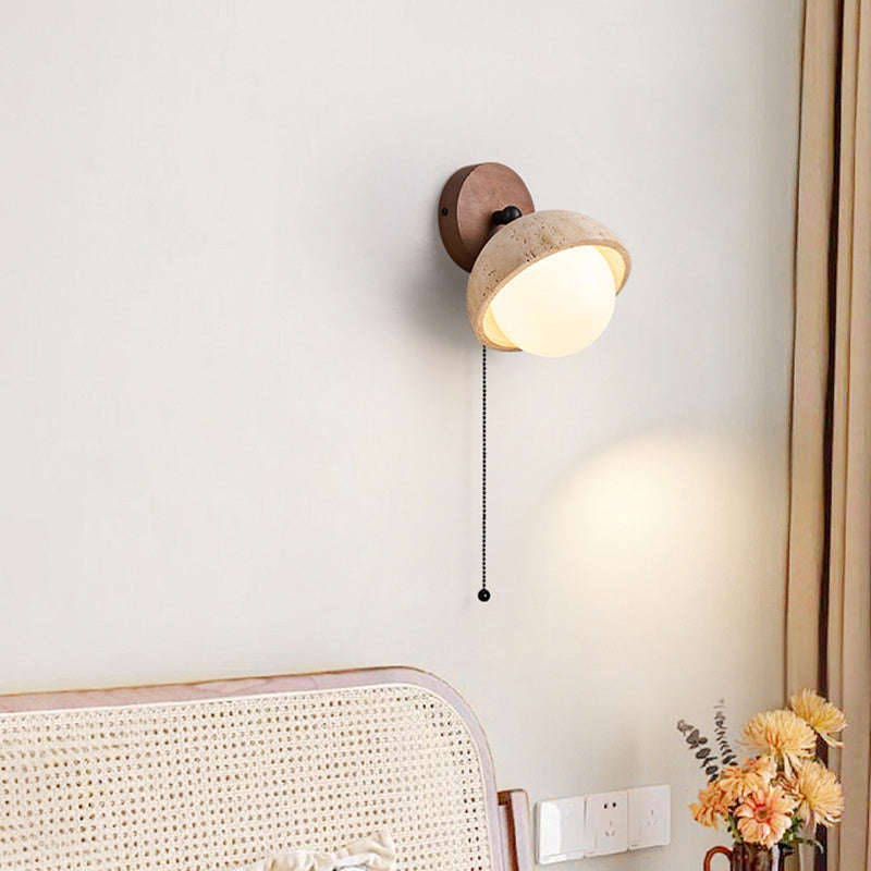 Japanese Globe Wood Stone Glass 1-Light Wall Sconce Lamp
