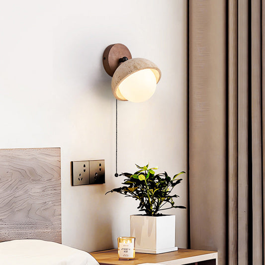 Japanese Globe Wood Stone Glass 1-Light Wall Sconce Lamp