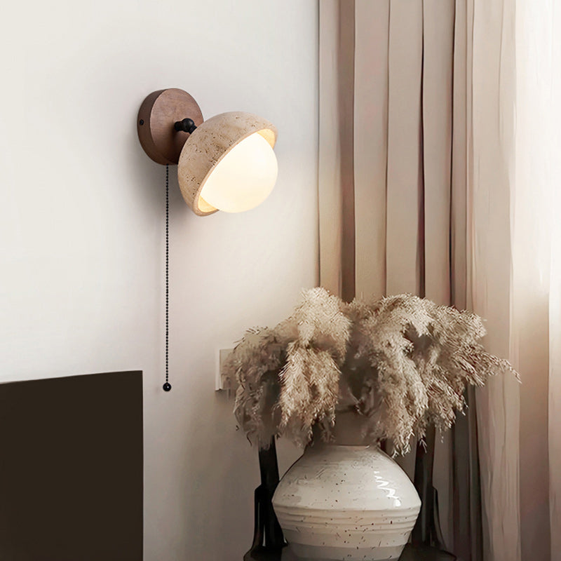 Japanese Globe Wood Stone Glass 1-Light Wall Sconce Lamp