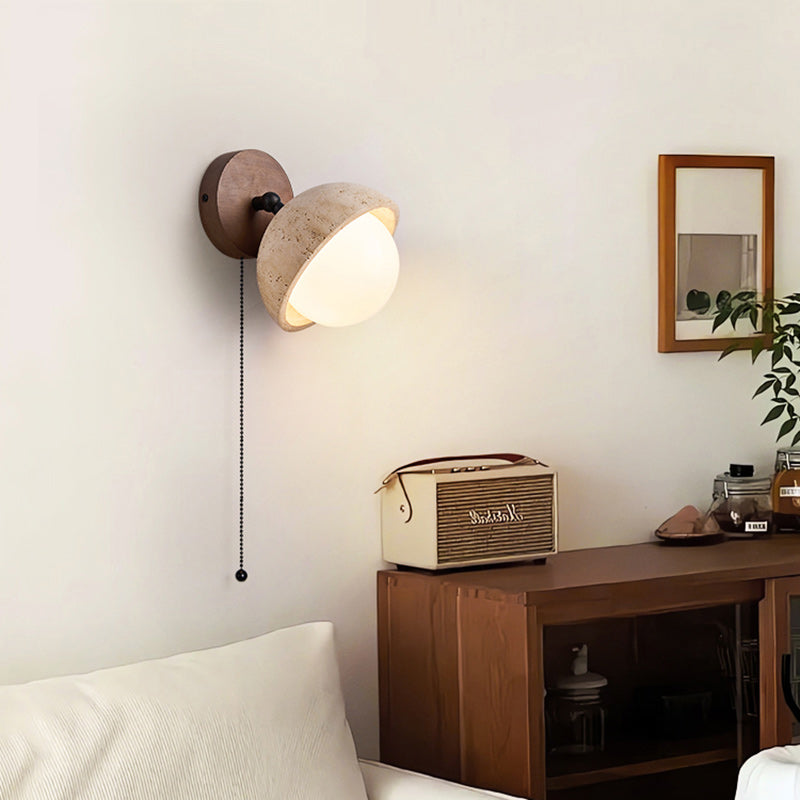 Japanese Globe Wood Stone Glass 1-Light Wall Sconce Lamp
