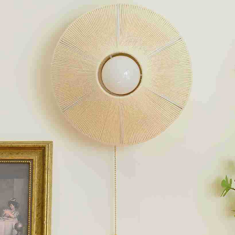 Chinese Round Iron Rattan 1-Light Wall Sconce Lamp