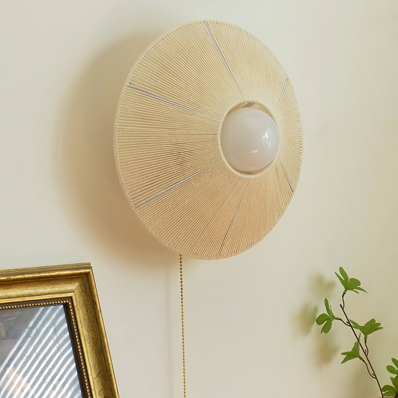 Chinese Round Iron Rattan 1-Light Wall Sconce Lamp