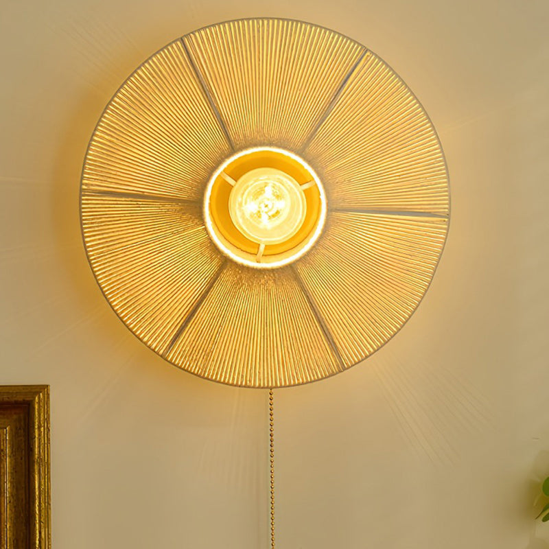 Chinese Round Iron Rattan 1-Light Wall Sconce Lamp