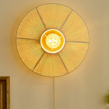 Chinese Round Iron Rattan 1-Light Wall Sconce Lamp