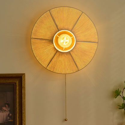 Chinese Round Iron Rattan 1-Light Wall Sconce Lamp
