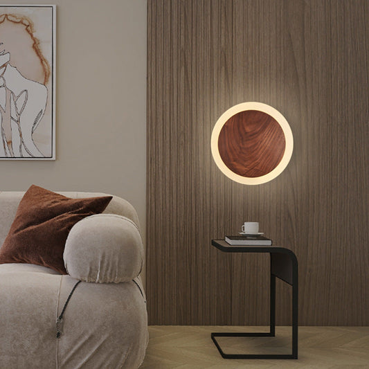 Contemporary Nordic Round Wood Acrylic LED Wall Sconce Lamp