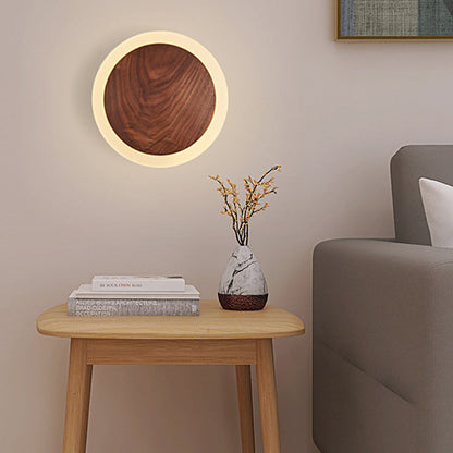 Contemporary Nordic Round Wood Acrylic LED Wall Sconce Lamp