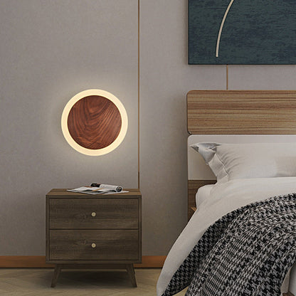Contemporary Nordic Round Wood Acrylic LED Wall Sconce Lamp