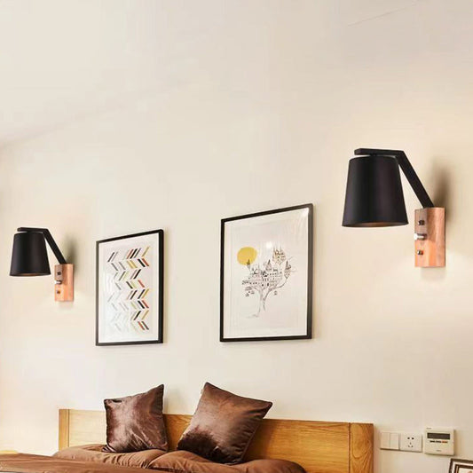 Modern Minimalist Drum Wood Glass 1-Light Wall Sconce Lamp