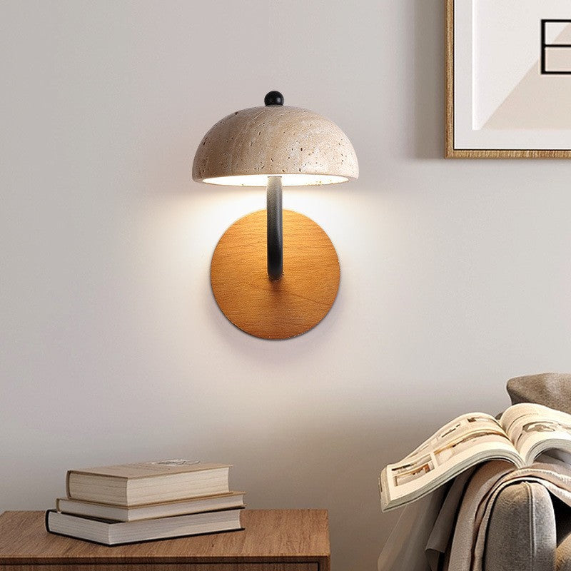 Traditional Japanese Dome Wood Stone LED Wall Sconce Lamp