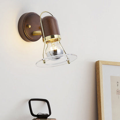 Round Wood Iron Acrylic 1-Light Wall Sconce Lamp