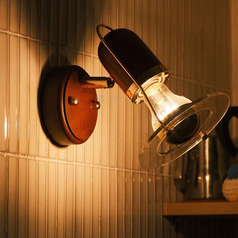 Round Wood Iron Acrylic 1-Light Wall Sconce Lamp