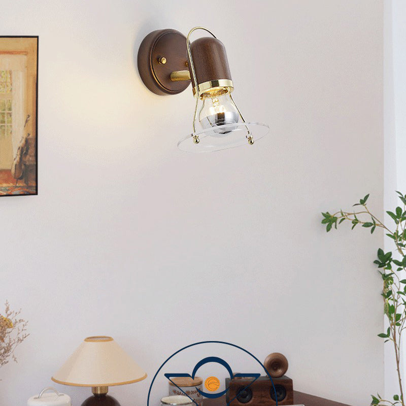 Round Wood Iron Acrylic 1-Light Wall Sconce Lamp