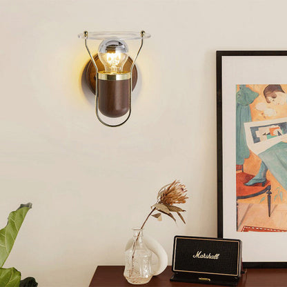 Round Wood Iron Acrylic 1-Light Wall Sconce Lamp