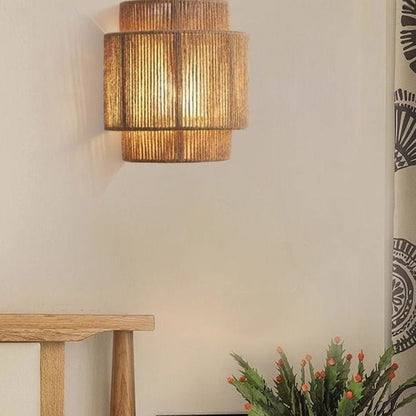 Japanese Cylinder Rattan 1-Light Wall Sconce Lamp