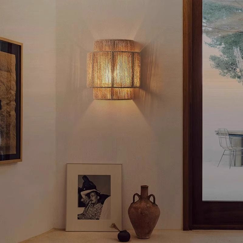 Japanese Cylinder Rattan 1-Light Wall Sconce Lamp