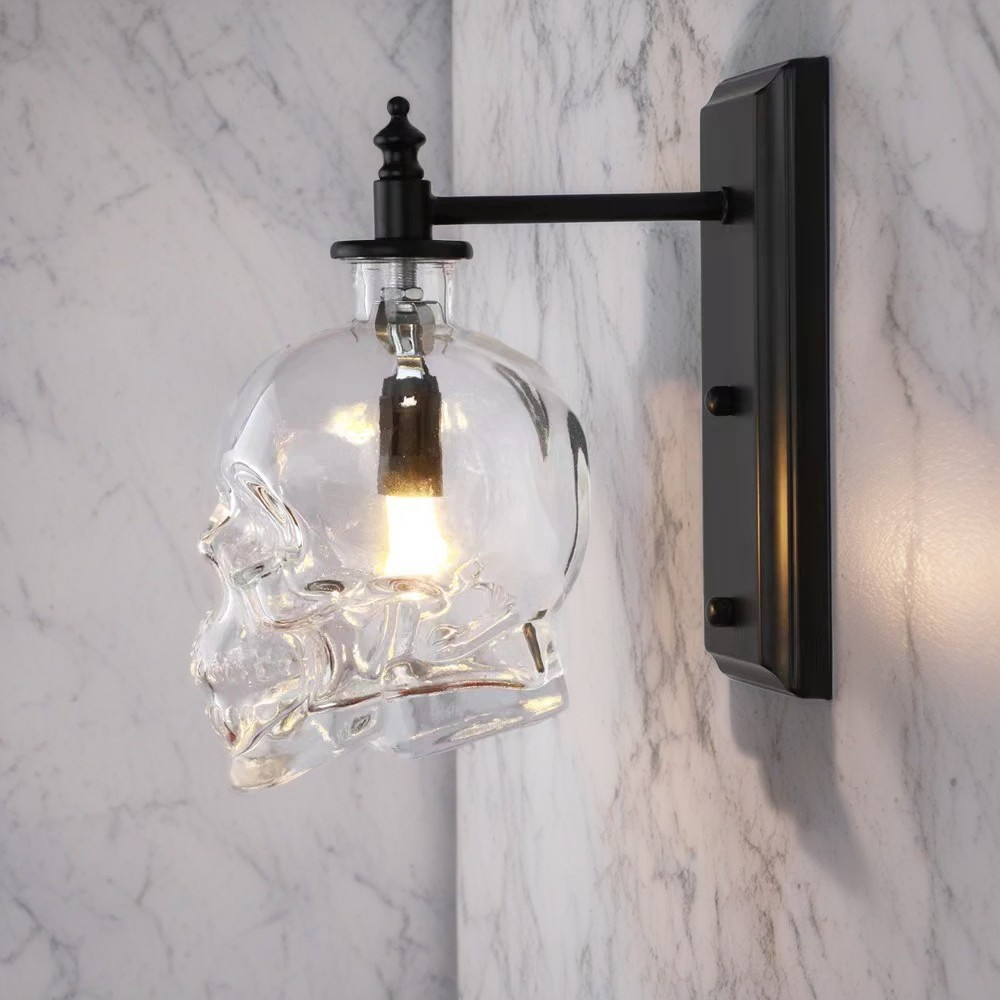 Industrial Skull Iron Glass 1-Light Wall Sconce Lamp