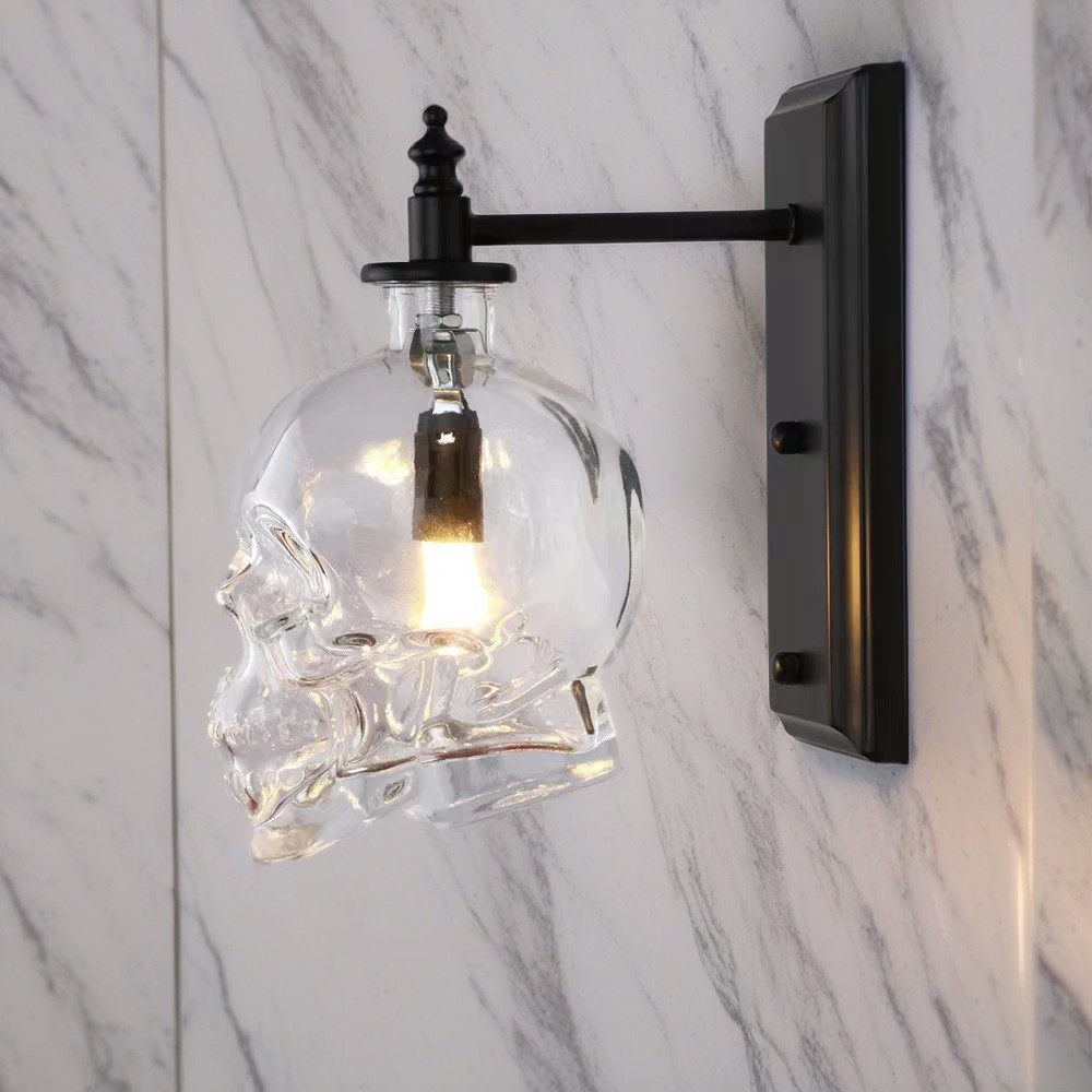 Industrial Skull Iron Glass 1-Light Wall Sconce Lamp
