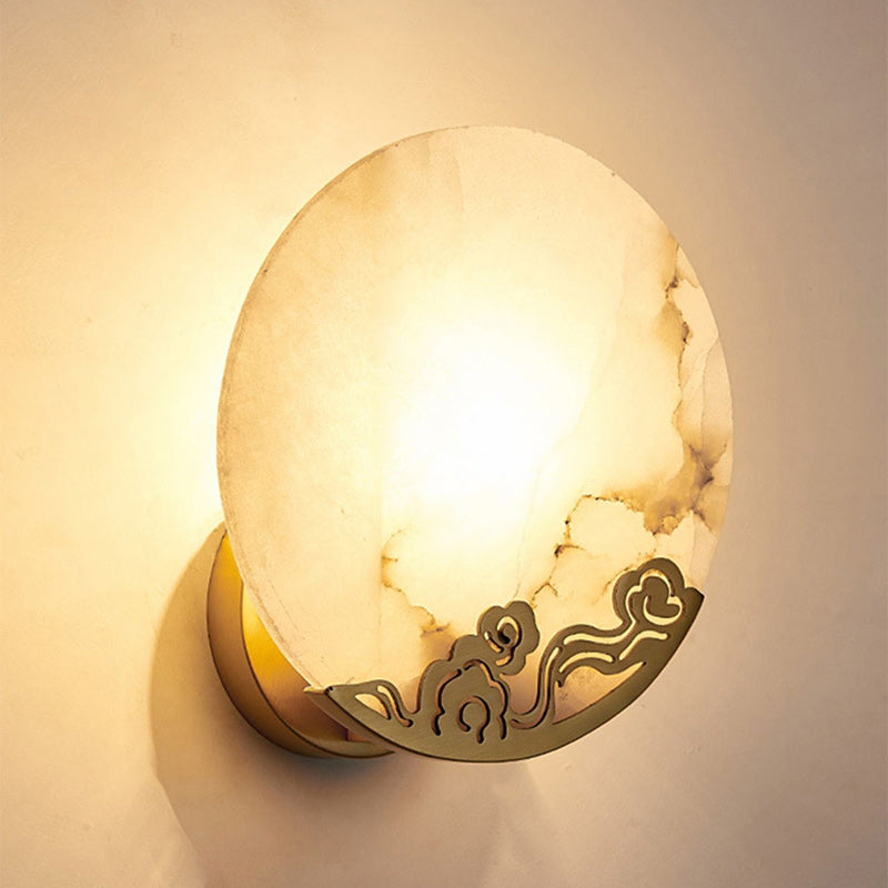 Chinese Round Copper Stone 1-Light Wall Sconce Lamp
